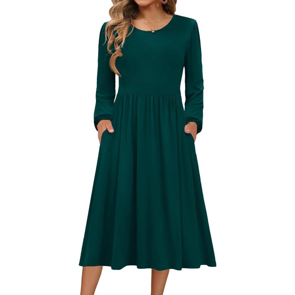 Zeagoo Women Dark Green Long Sleeve Flowy A-Line Boho Long Dress with Pockets